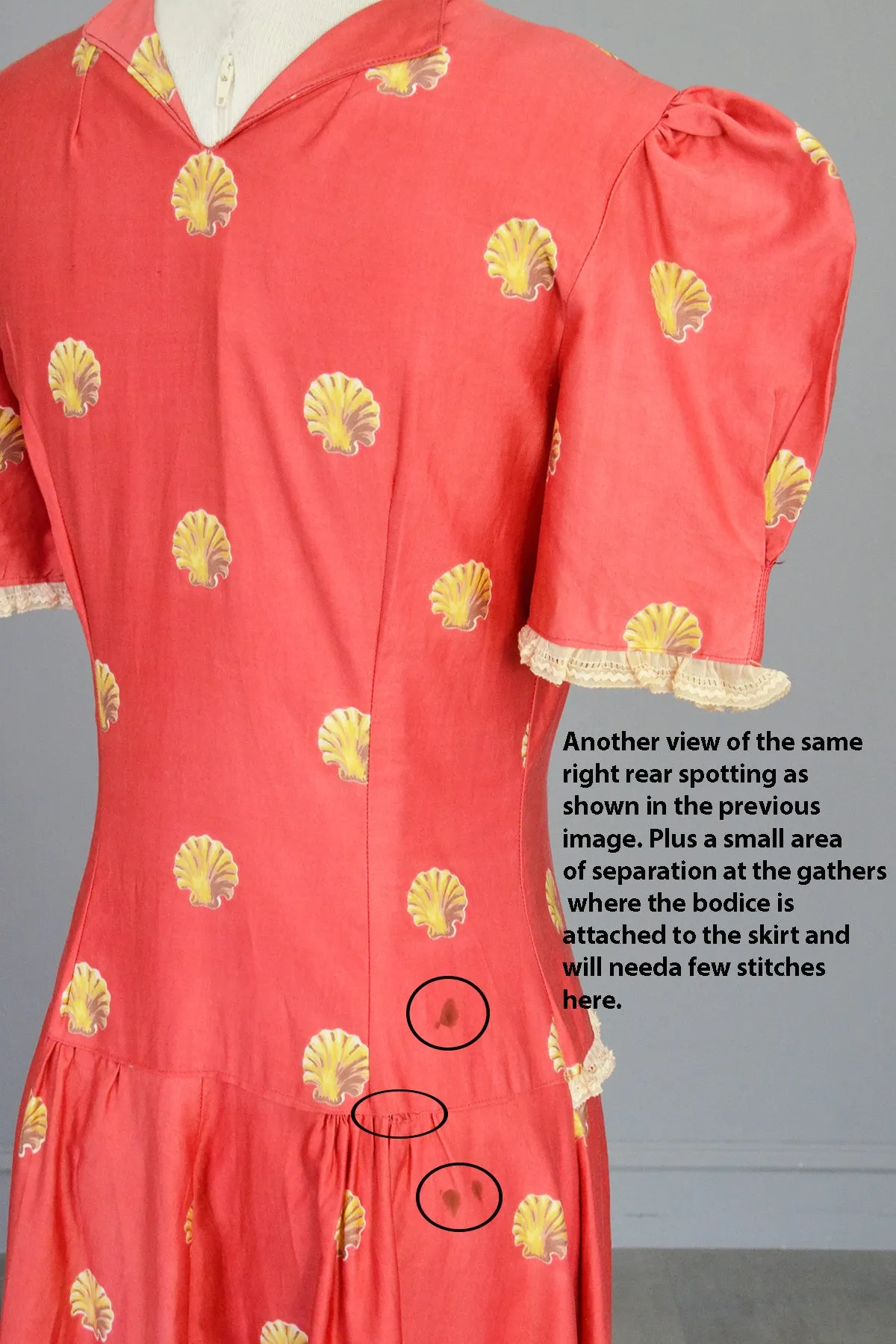 1930s Seashell Novelty Print Puff Sleeve Peasant Folk Dress Gown