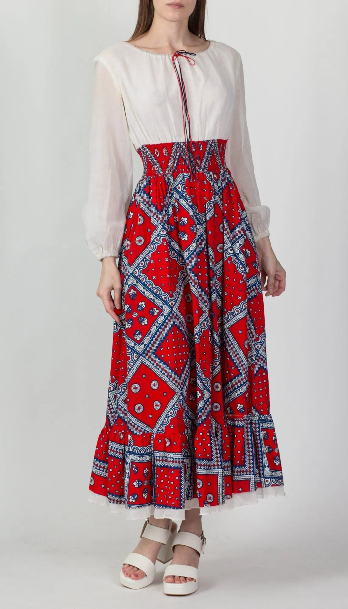 60s 70s Bandana Print Prairie Maxi Dress - Medium