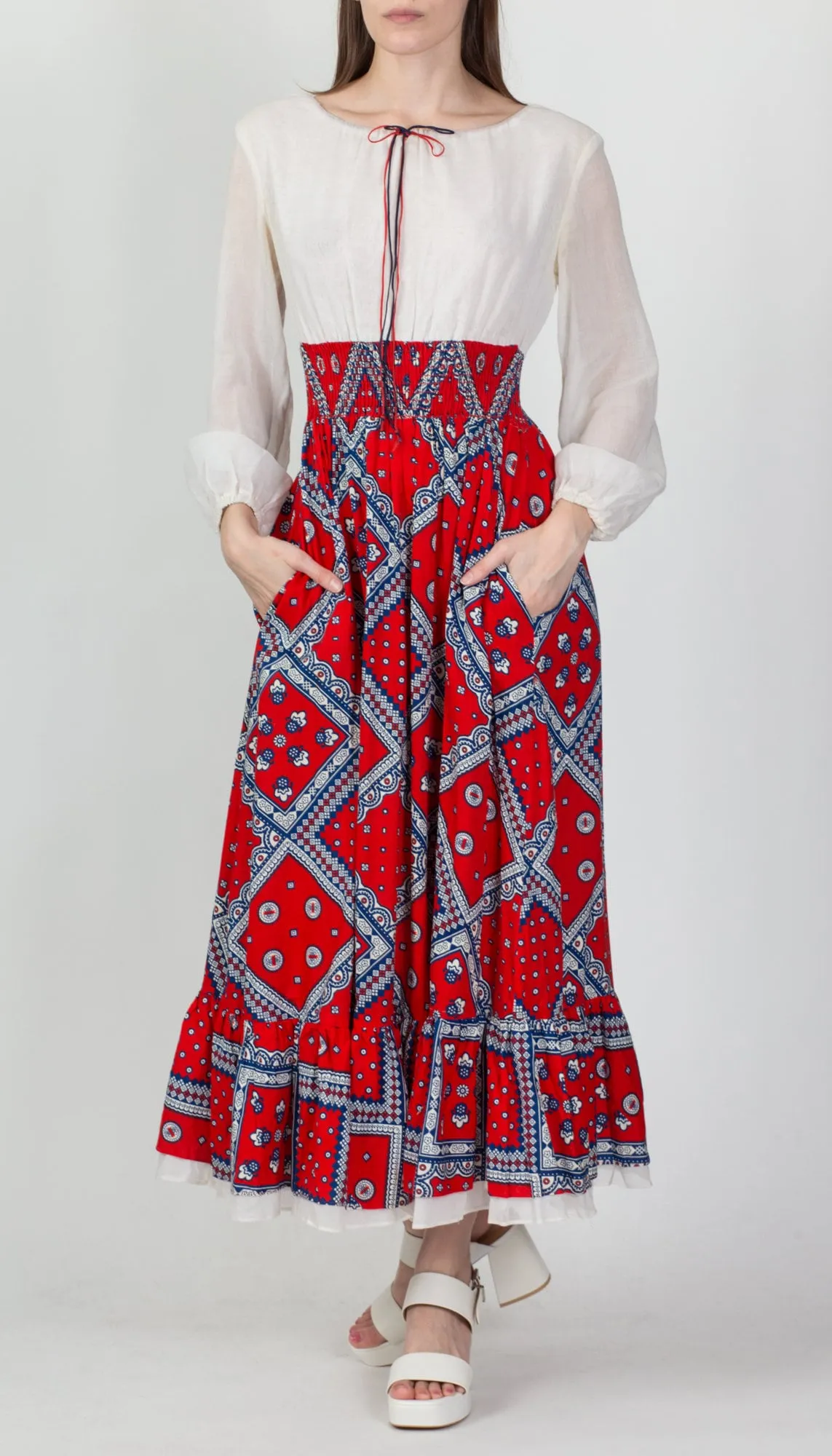 60s 70s Bandana Print Prairie Maxi Dress - Medium