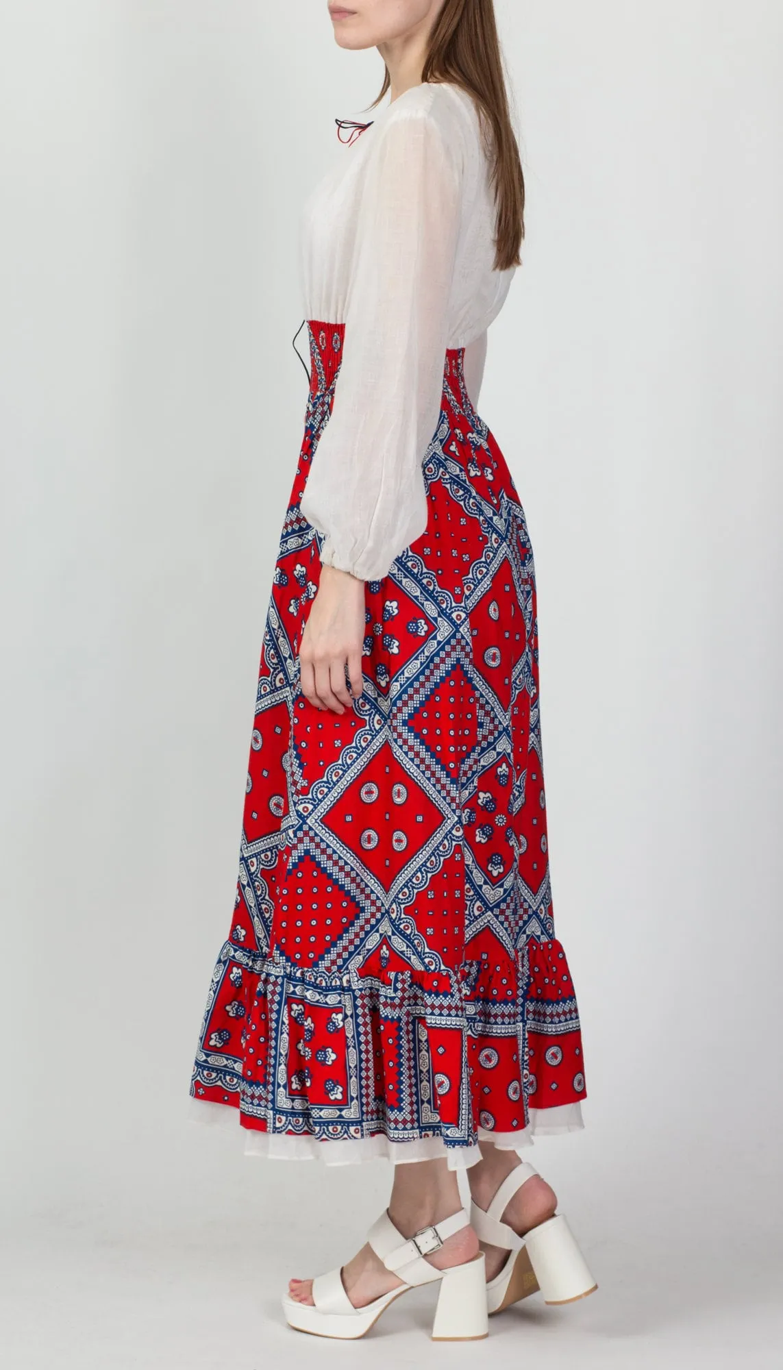 60s 70s Bandana Print Prairie Maxi Dress - Medium