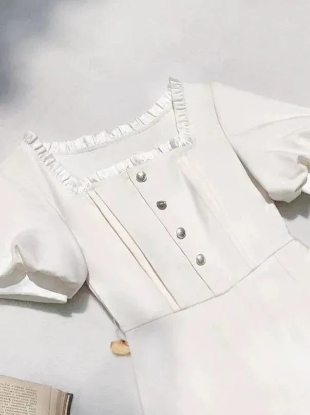 Apricot Satin Pearl Collar   Retro Belt Dress French Square
