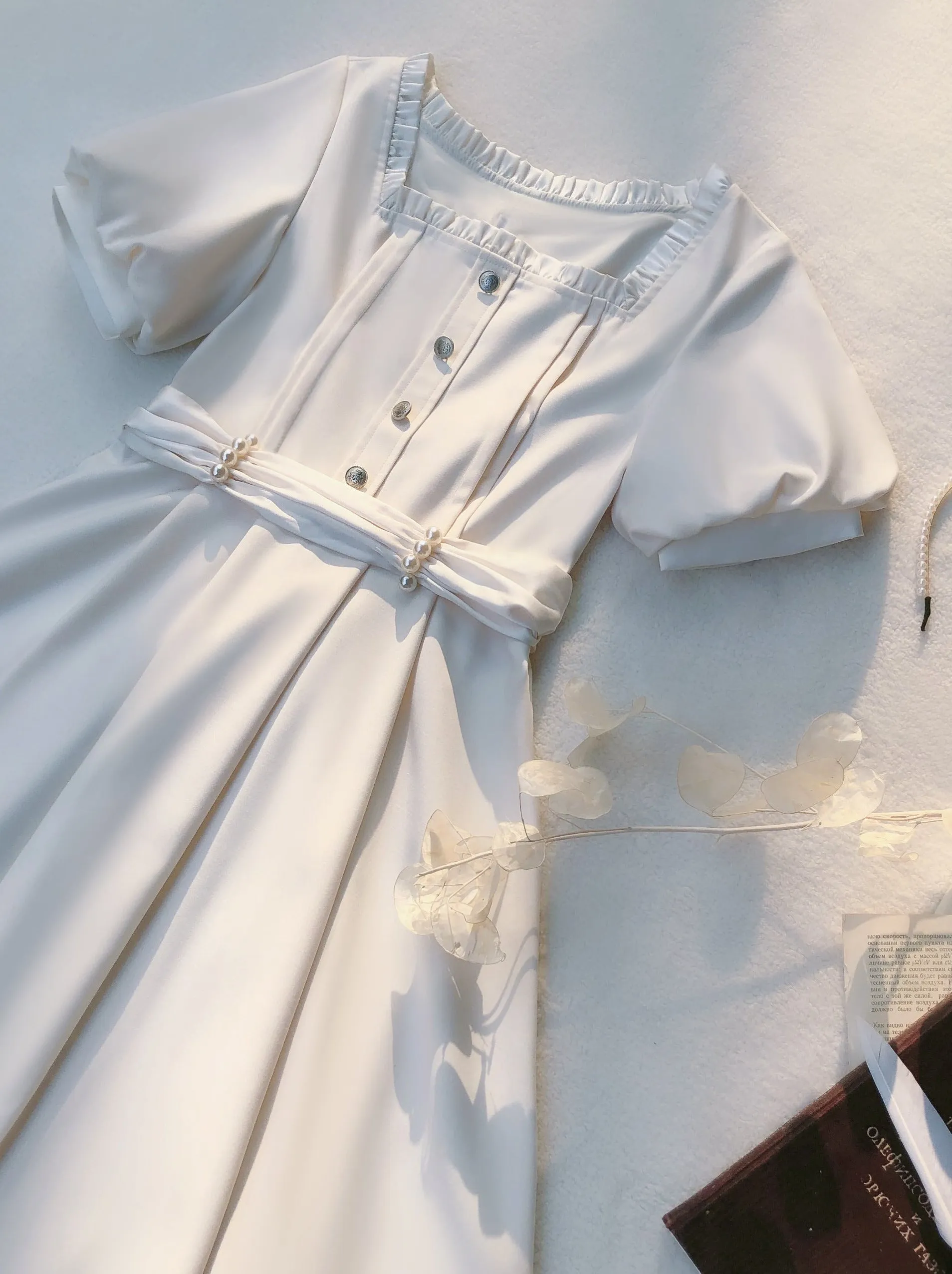 Apricot Satin Pearl Collar   Retro Belt Dress French Square