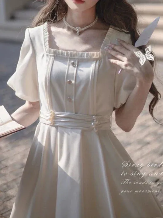 Apricot Satin Pearl Collar   Retro Belt Dress French Square