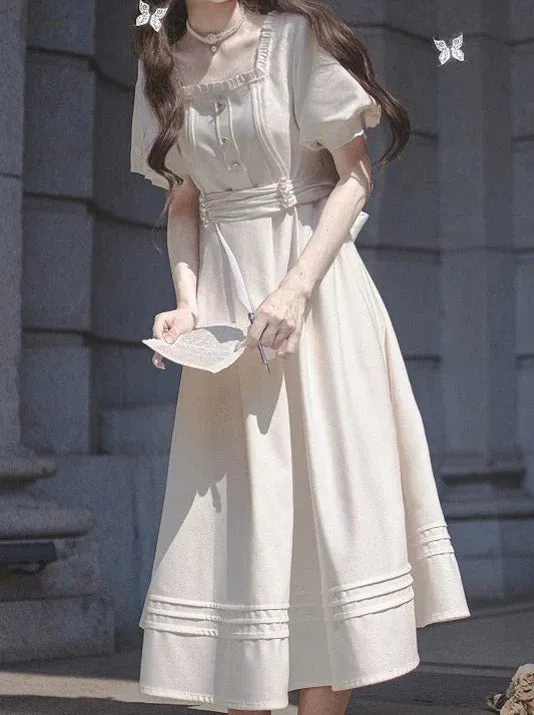 Apricot Satin Pearl Collar   Retro Belt Dress French Square