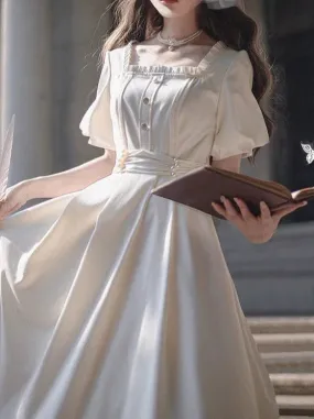 Apricot Satin Pearl Collar   Retro Belt Dress French Square