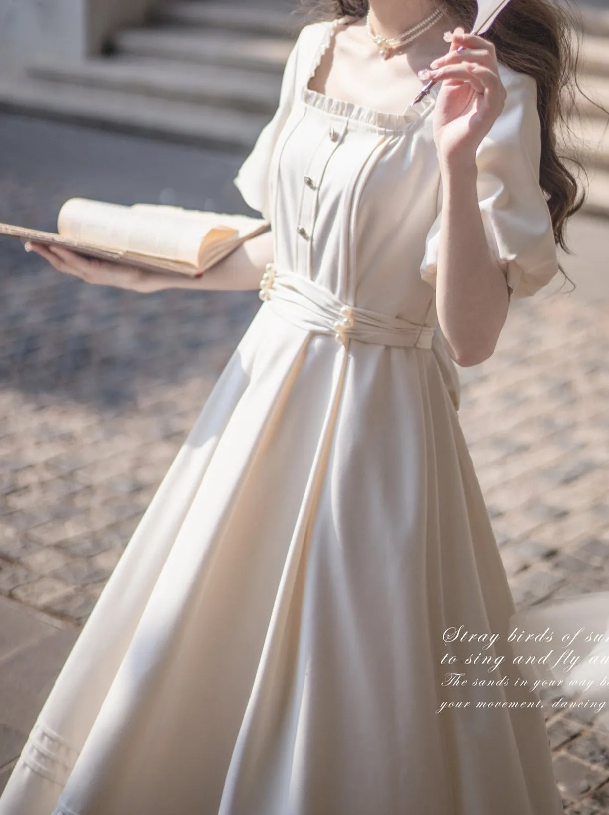 Apricot Satin Pearl Collar   Retro Belt Dress French Square