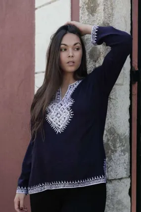 Asmahan Style Navy Blue Embroidery Tunic