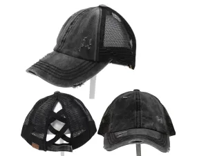 Authentic Black/Black CC Beanie CrissCross High Ponytail Trucker Hat Distressed Wash Denim