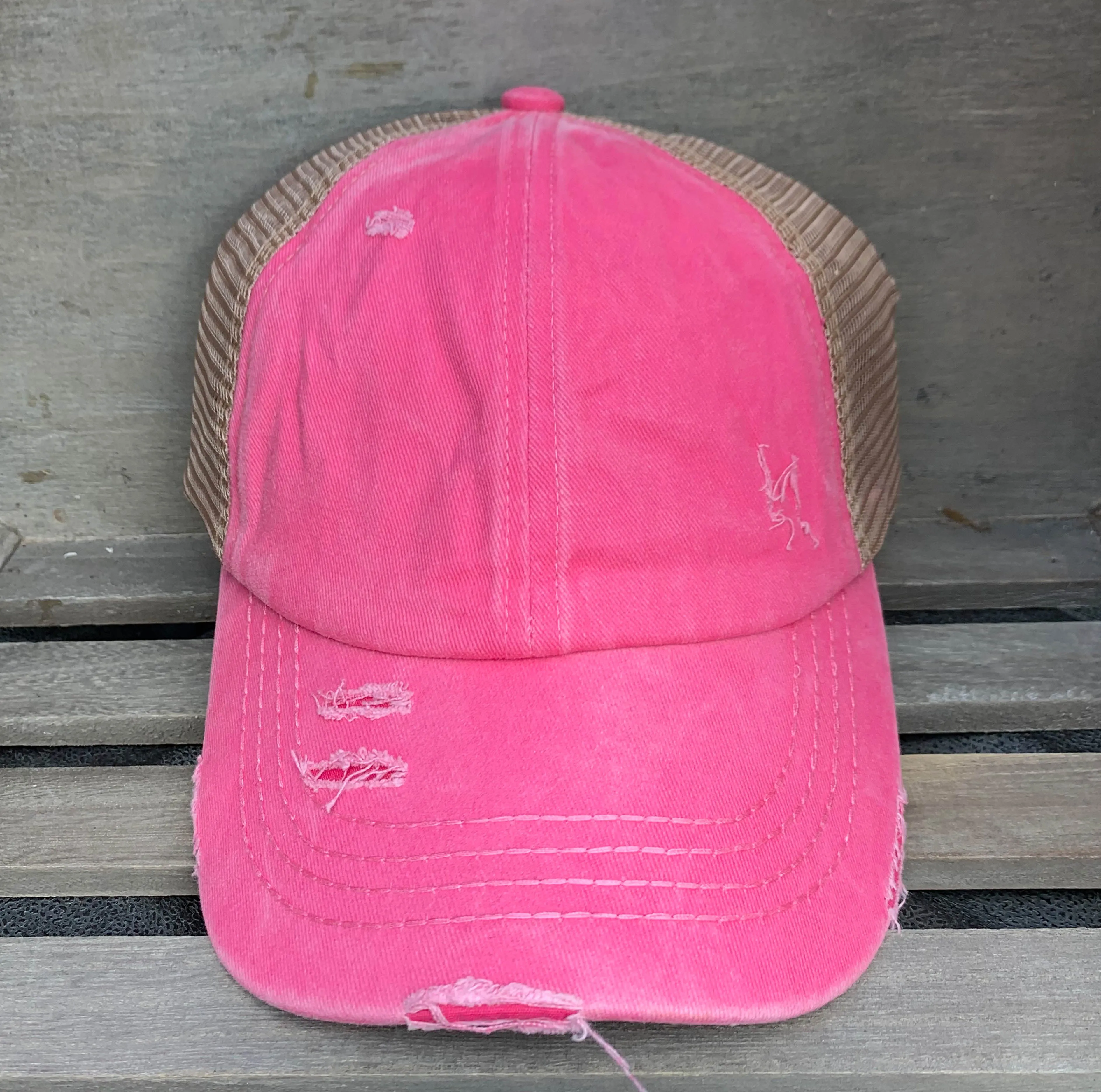 Authentic Pink CC Beanie CrissCross High Ponytail Trucker Hat Distressed Wash Denim