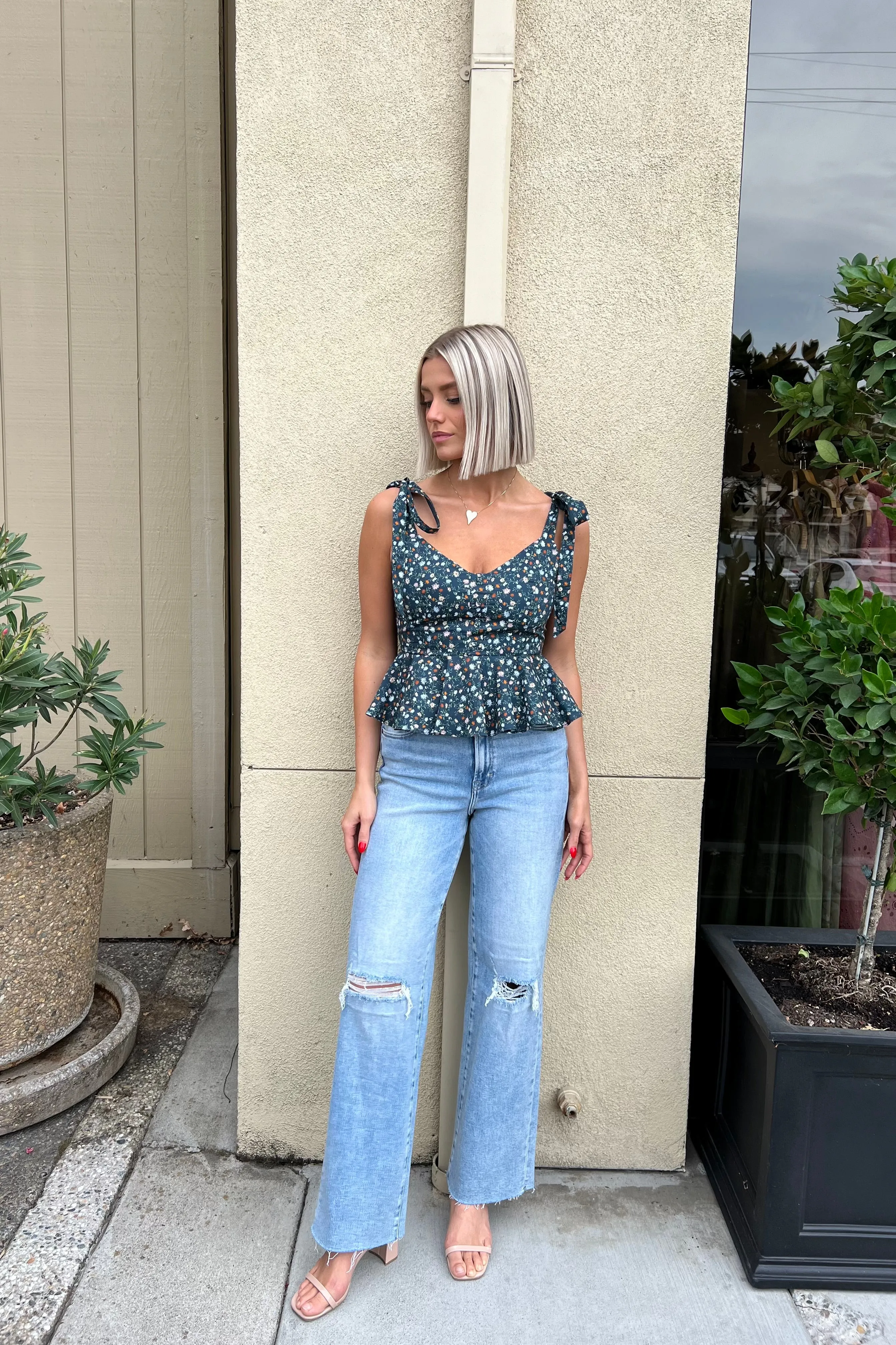 AYLA GREEN SHOULDER TIE TOP