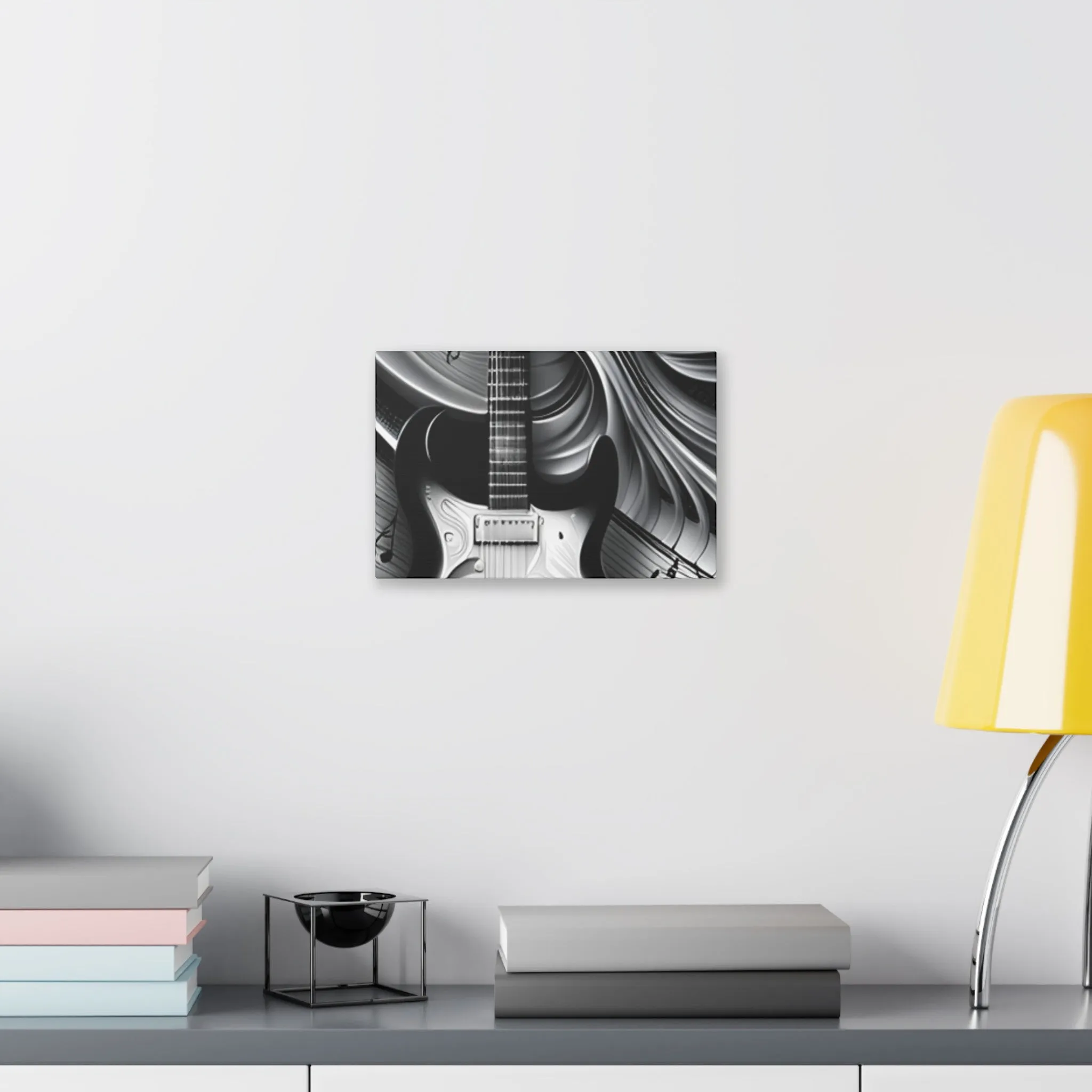 Black and white guitar with musical notes canvas