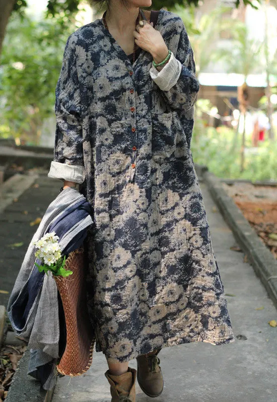 Causal Loose Fitting Maxi Dress/Long Sleeve V Neck Long Gown/Long Loose Tunic-Blue/Red Caftan-Plus Size Clothing,Bust>130cm