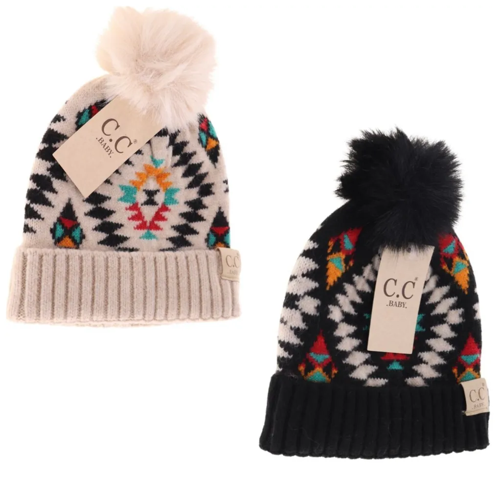 C.C. Baby Beanie Aztec Faux Fur Pom