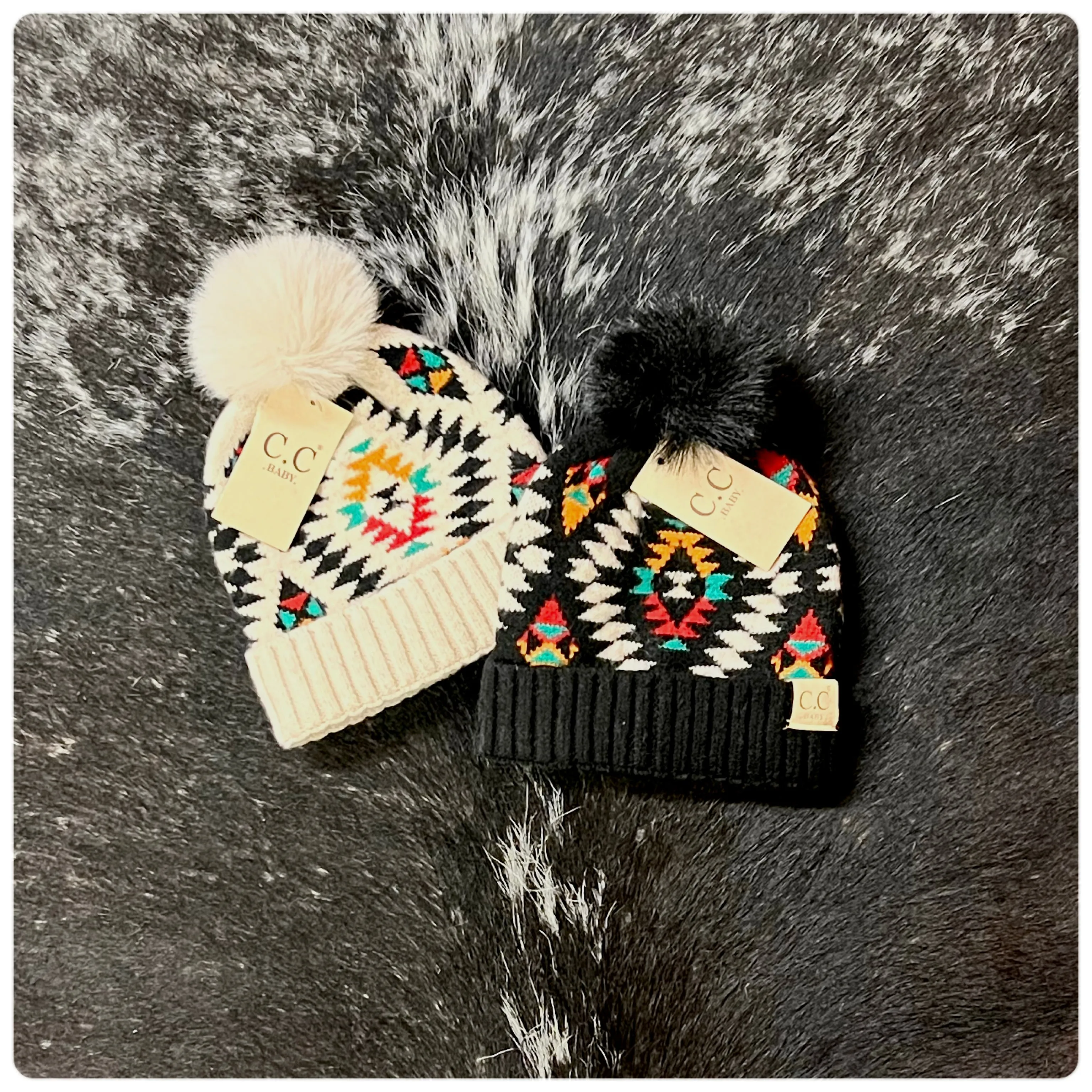 C.C. Baby Beanie Aztec Faux Fur Pom