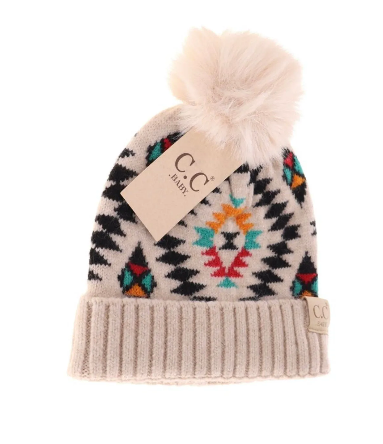 C.C. Baby Beanie Aztec Faux Fur Pom