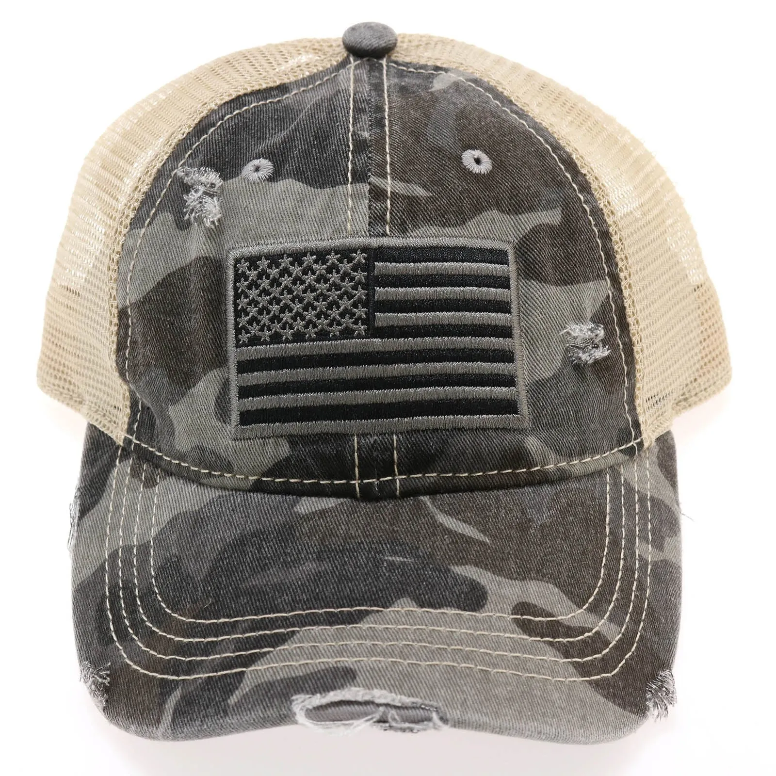 CC Beanie High Ponytail American Flag Camouflage Distressed Trucker Cap - Black Gray Olive Camo