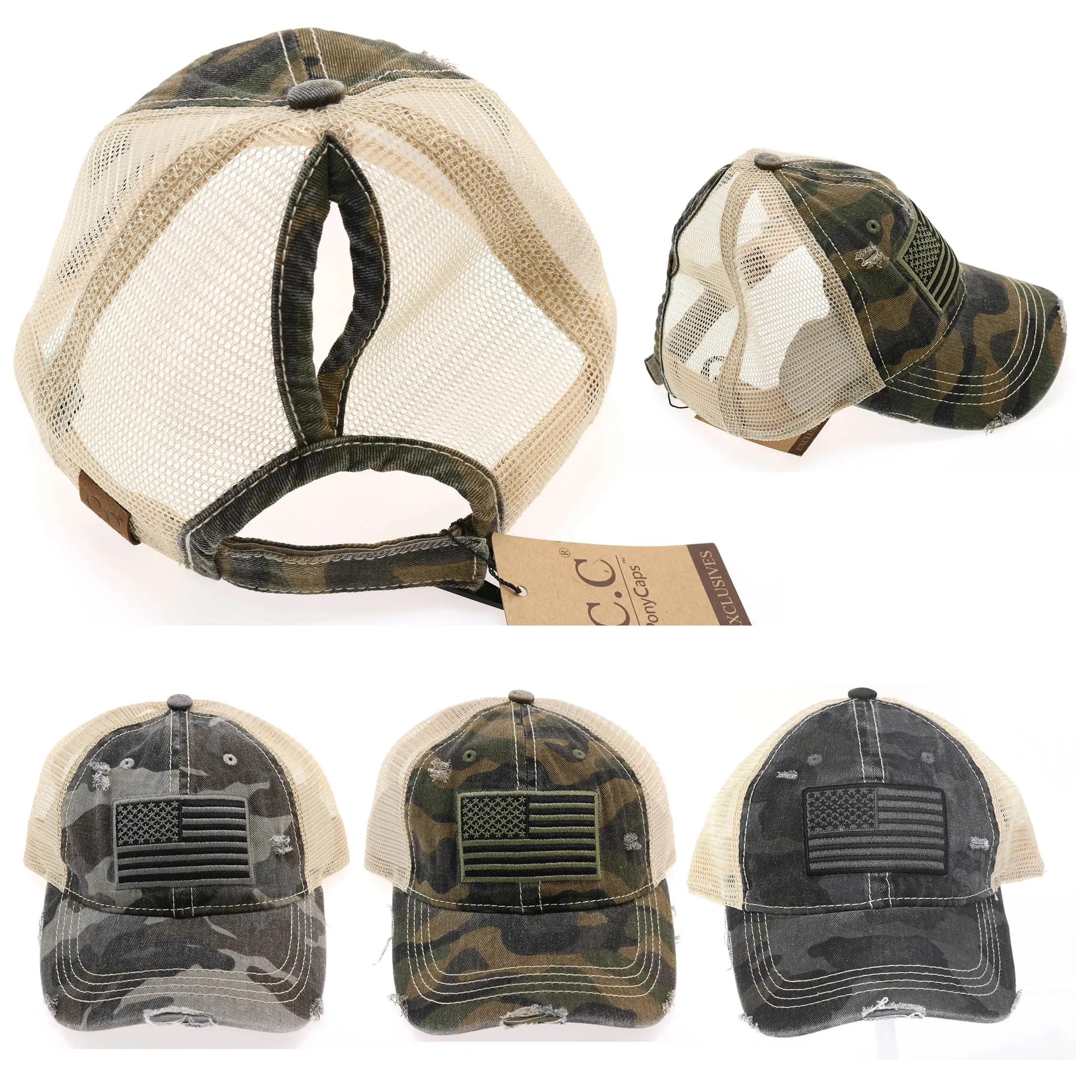 CC Beanie High Ponytail American Flag Camouflage Distressed Trucker Cap - Black Gray Olive Camo