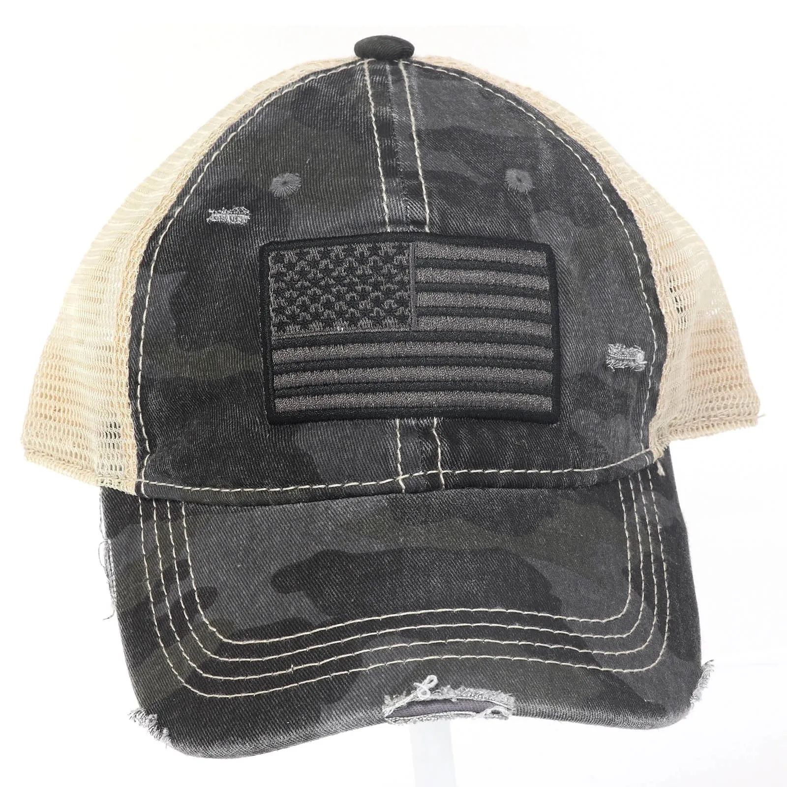 CC Beanie High Ponytail American Flag Camouflage Distressed Trucker Cap - Black Gray Olive Camo