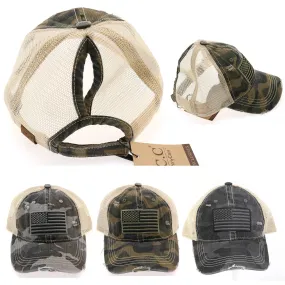 CC Beanie High Ponytail American Flag Camouflage Distressed Trucker Cap - Black Gray Olive Camo