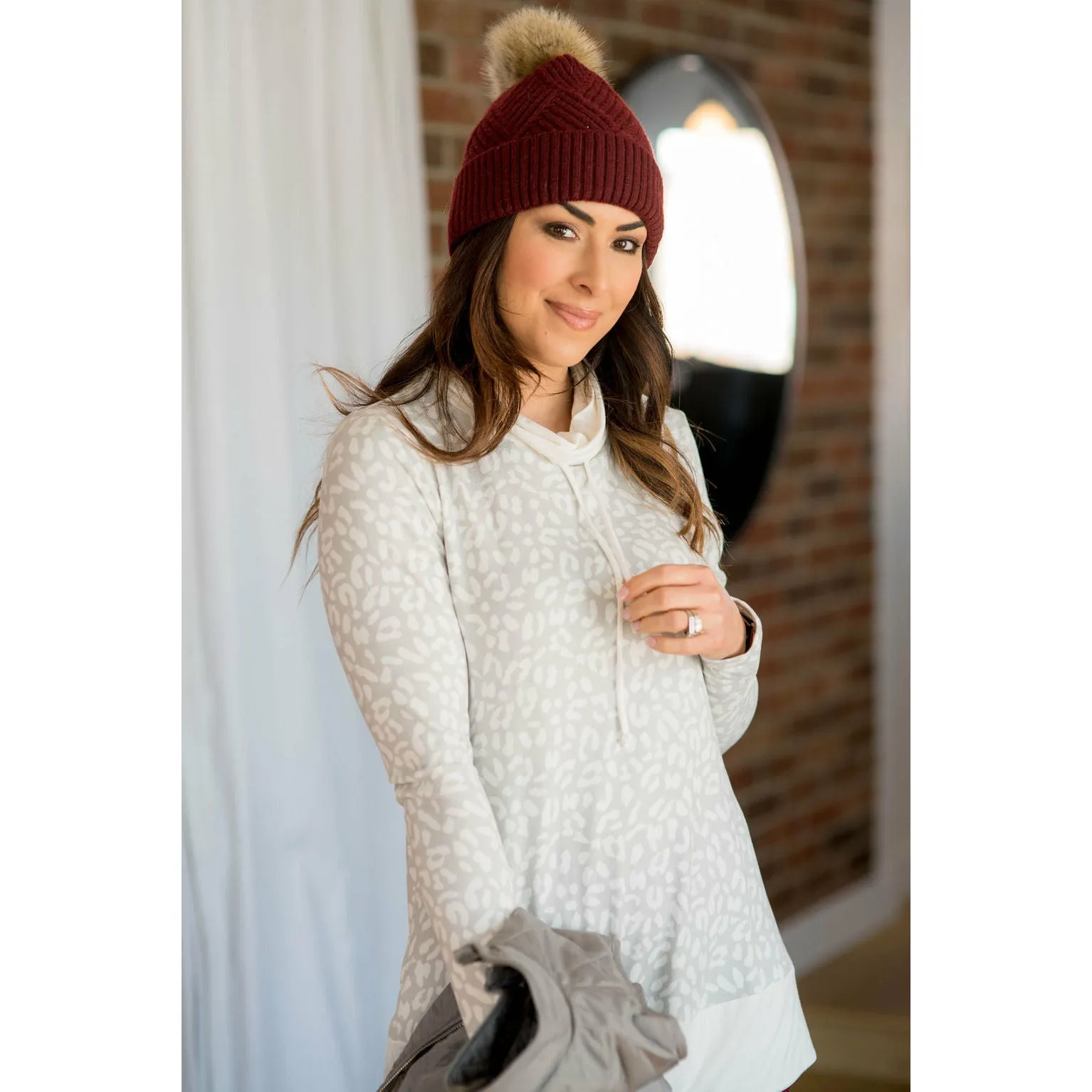 Cheetah Solid Trimmed Cowl Neck