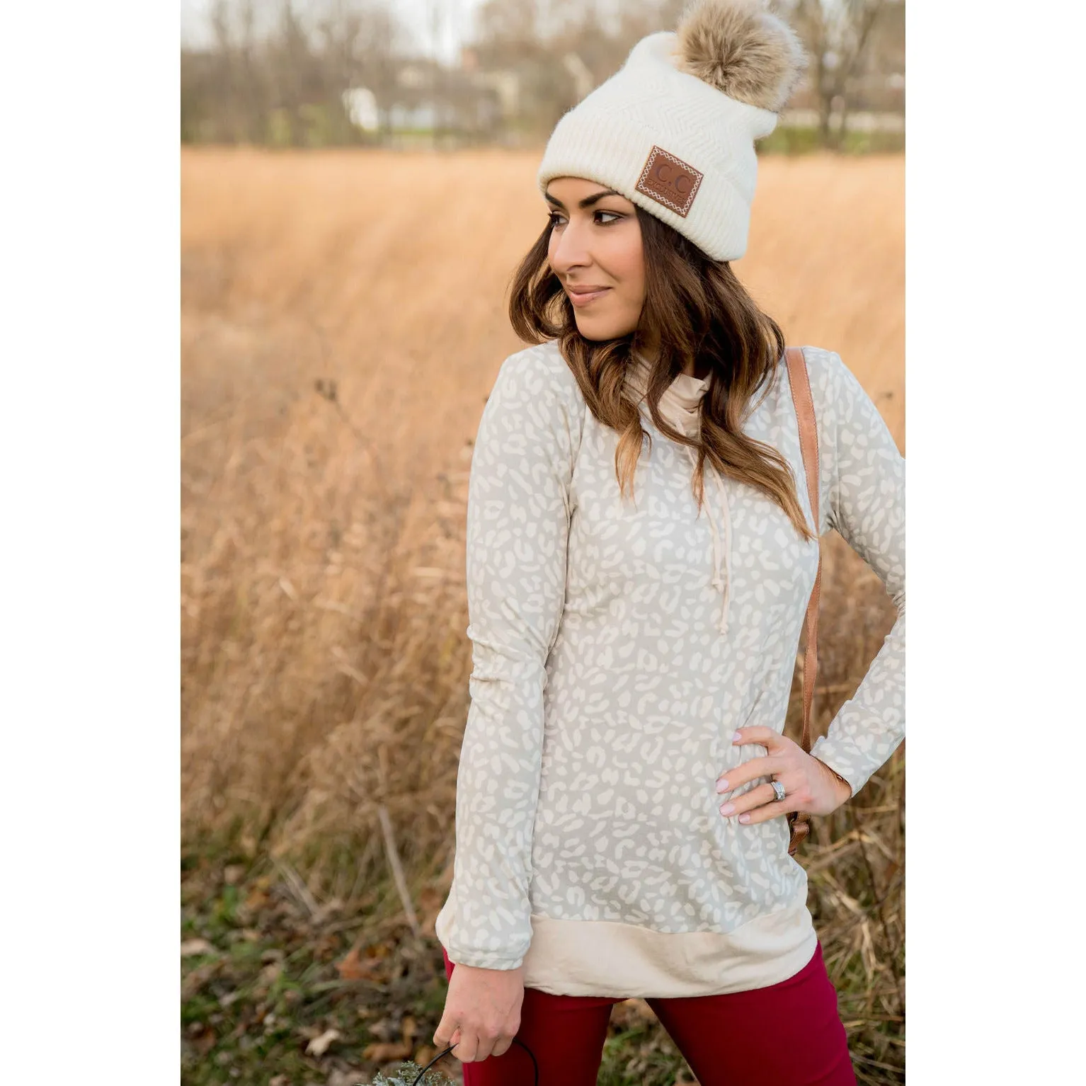 Cheetah Solid Trimmed Cowl Neck