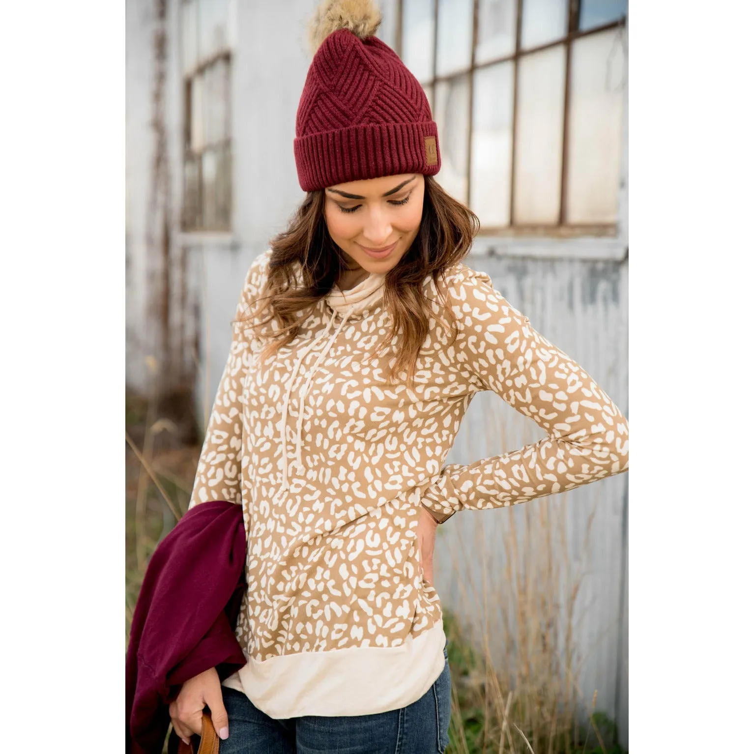 Cheetah Solid Trimmed Cowl Neck
