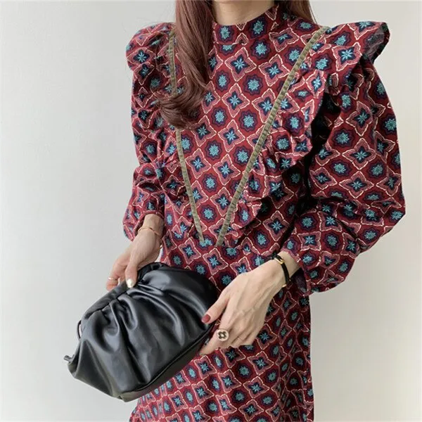 Christmas Gift Deanwangkt Spring Retro Korean Maxi Dress Solid Full Sleeves Top For Women Elegant Casual Loose Ladies Dresses Woman Party Night