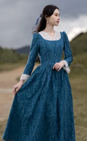 Elise Maxi Dress For Women Medieval Vintage Elegant Slim Sexy Lace V-Neck Long Sleeve Long Floral Dress