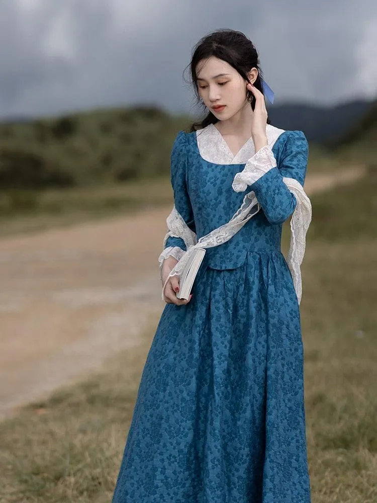 Elise Maxi Dress For Women Medieval Vintage Elegant Slim Sexy Lace V-Neck Long Sleeve Long Floral Dress