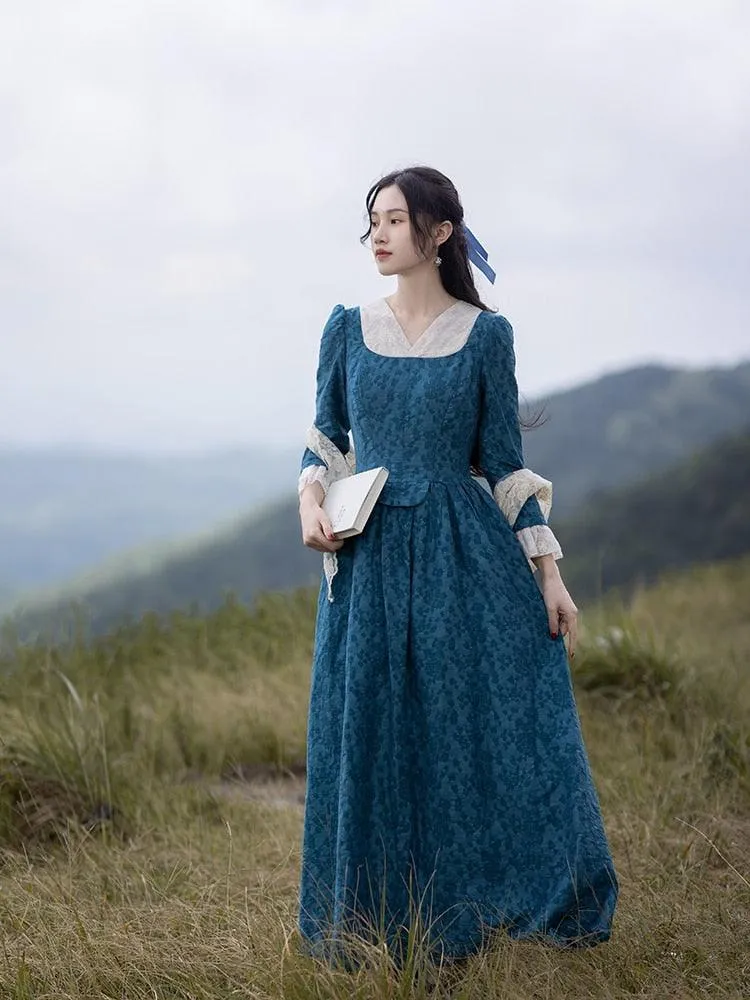 Elise Maxi Dress For Women Medieval Vintage Elegant Slim Sexy Lace V-Neck Long Sleeve Long Floral Dress