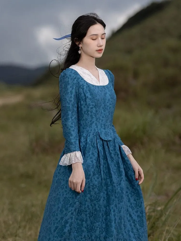 Elise Maxi Dress For Women Medieval Vintage Elegant Slim Sexy Lace V-Neck Long Sleeve Long Floral Dress