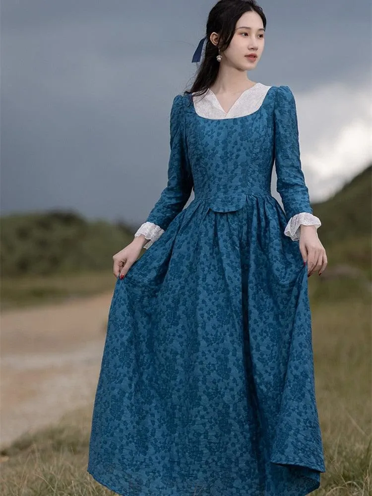 Elise Maxi Dress For Women Medieval Vintage Elegant Slim Sexy Lace V-Neck Long Sleeve Long Floral Dress
