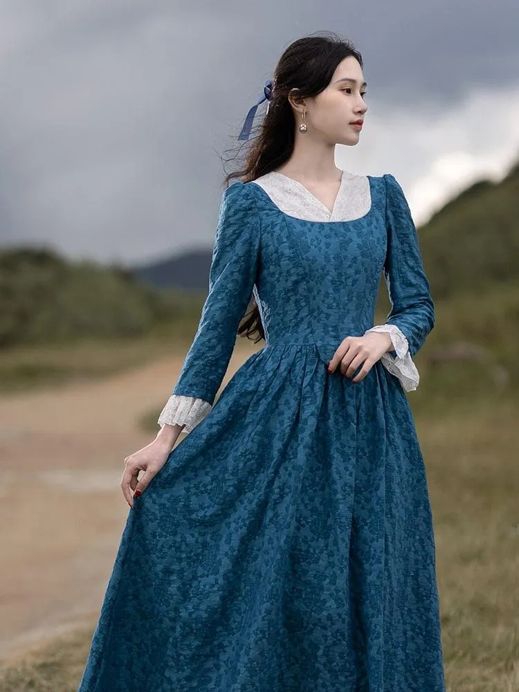 Elise Maxi Dress For Women Medieval Vintage Elegant Slim Sexy Lace V-Neck Long Sleeve Long Floral Dress