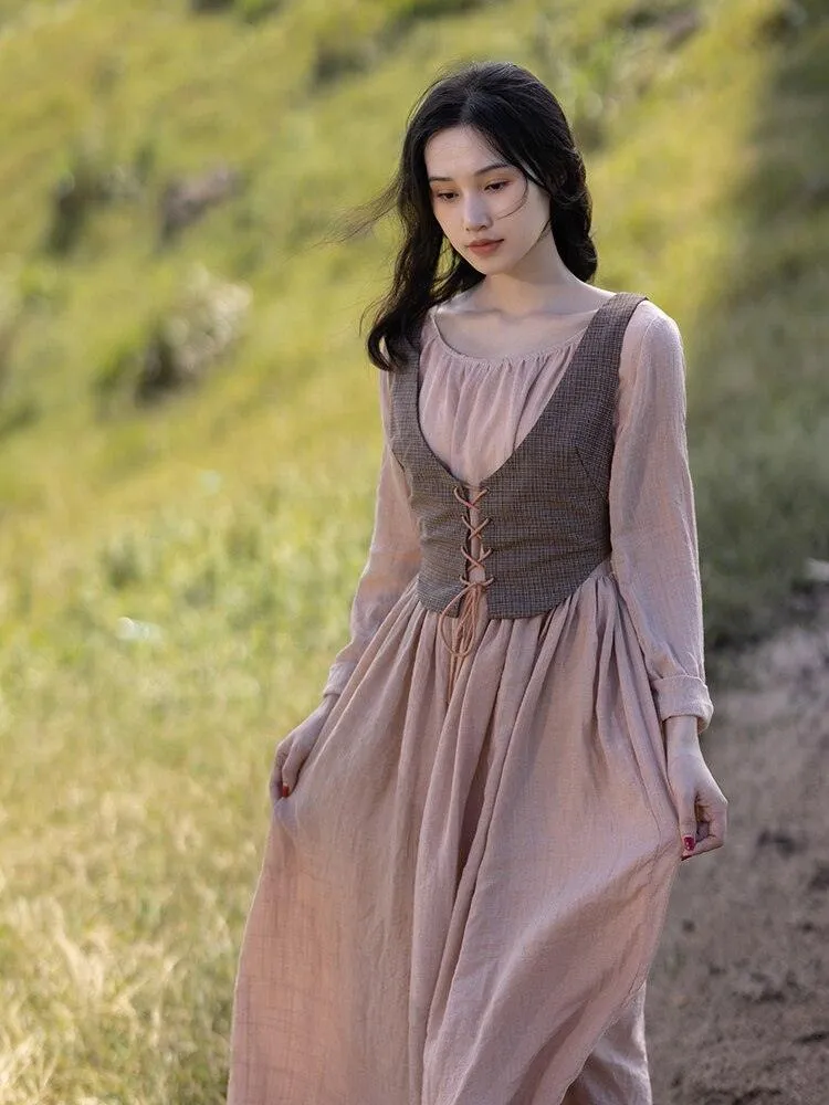 Elsie Maxi Dresses Women Vintage Ladies Pastoral Style Dress Elegant O-Neck Long Sleeve Bandage Vest Two Piece Dress