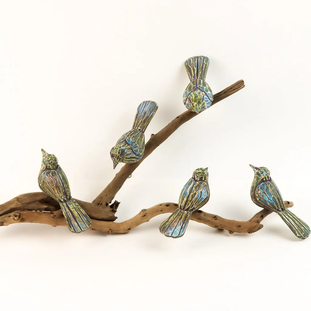 Five Blue Birds on Driftwood