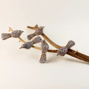 Five Purple Birds on Driftwood