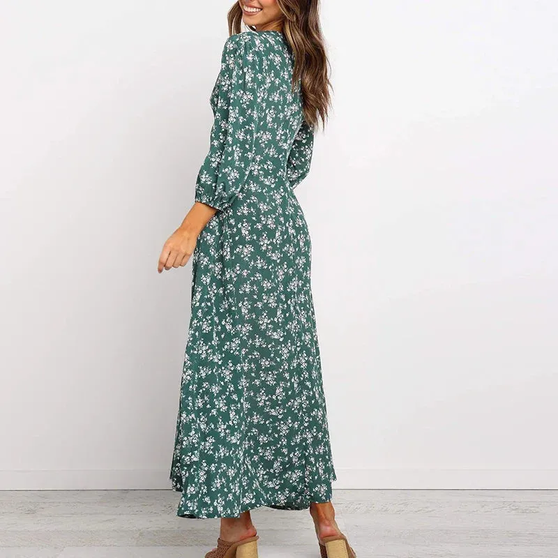 Floral Print Long Maxi Retro 3/4 Sleeve V-Neck Button Down High Waist Summer Bohemian Dress