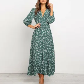Floral Print Long Maxi Retro 3/4 Sleeve V-Neck Button Down High Waist Summer Bohemian Dress