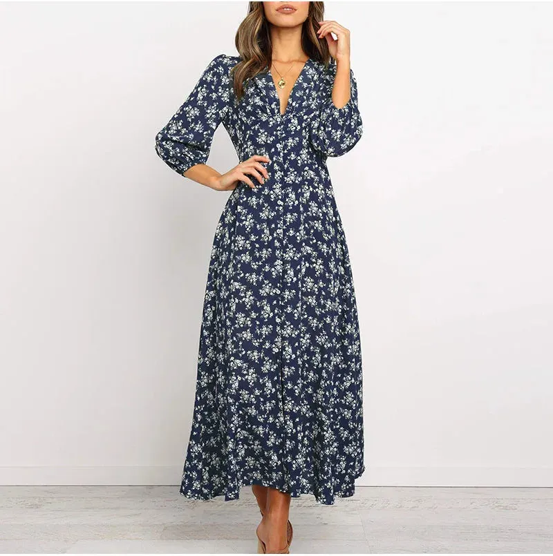 Floral Print Long Maxi Retro 3/4 Sleeve V-Neck Button Down High Waist Summer Bohemian Dress