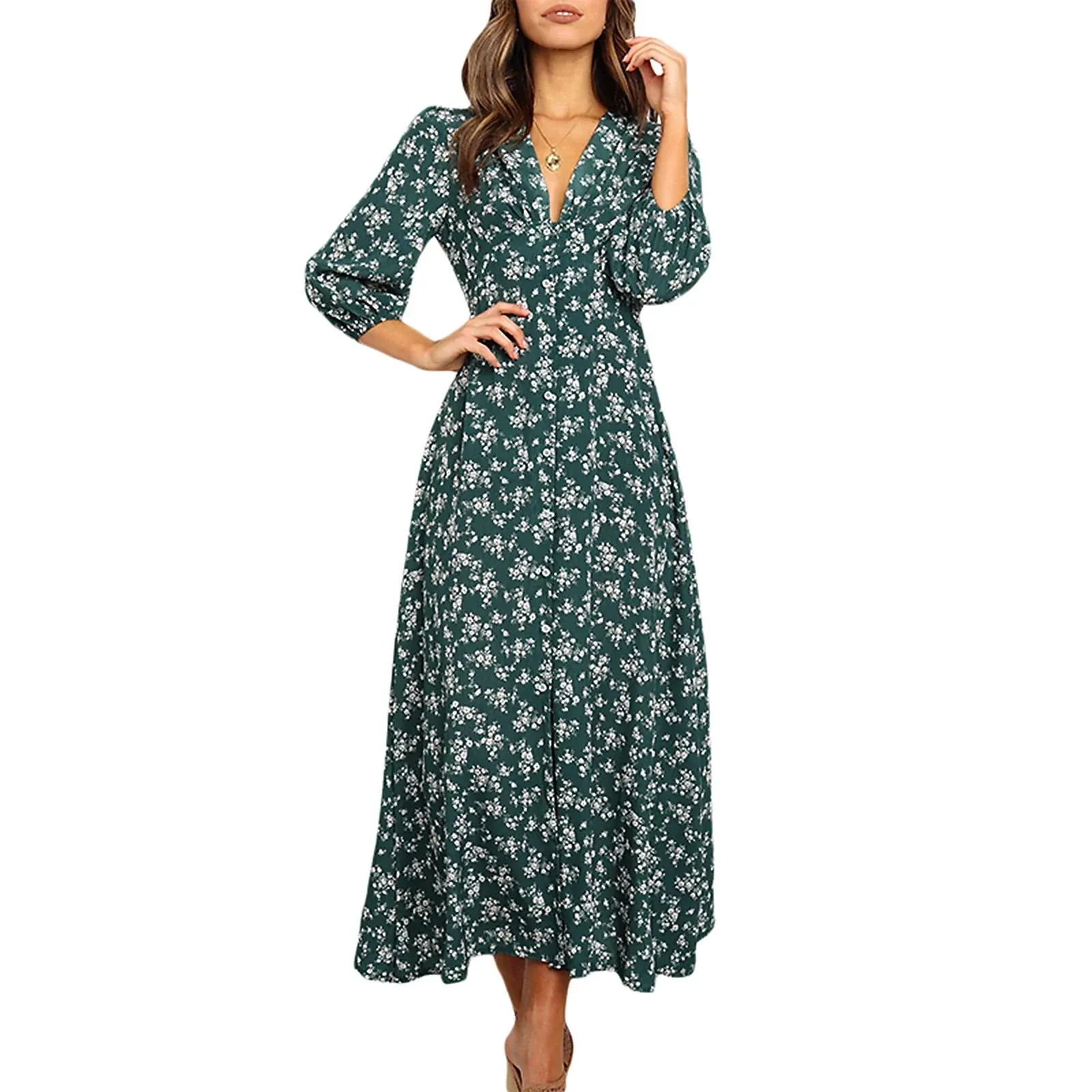 Floral Print Long Maxi Retro 3/4 Sleeve V-Neck Button Down High Waist Summer Bohemian Dress
