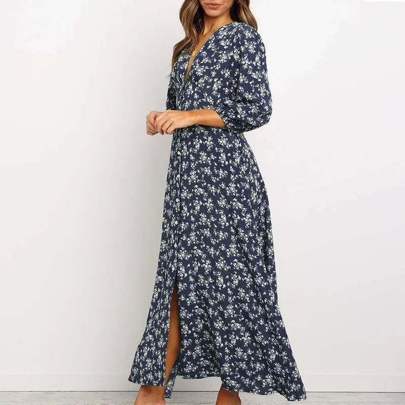 Floral Print Long Maxi Retro 3/4 Sleeve V-Neck Button Down High Waist Summer Bohemian Dress