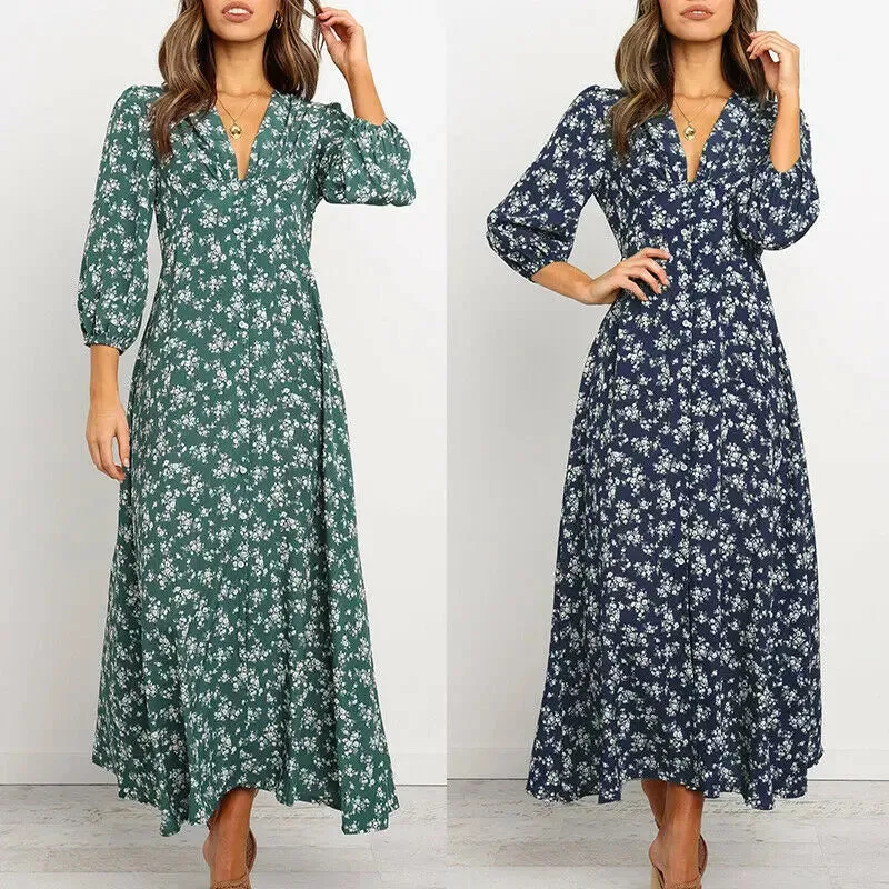 Floral Print Long Maxi Retro 3/4 Sleeve V-Neck Button Down High Waist Summer Bohemian Dress