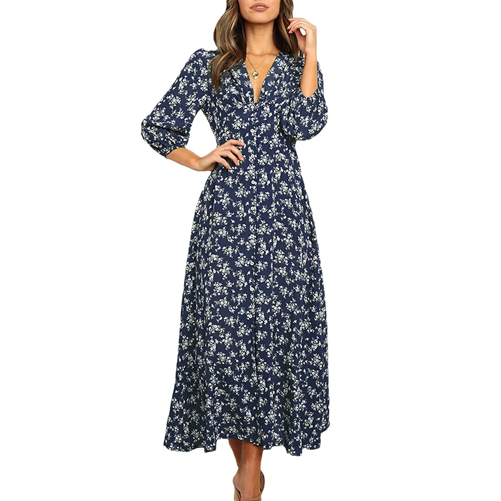 Floral Print Long Maxi Retro 3/4 Sleeve V-Neck Button Down High Waist Summer Bohemian Dress