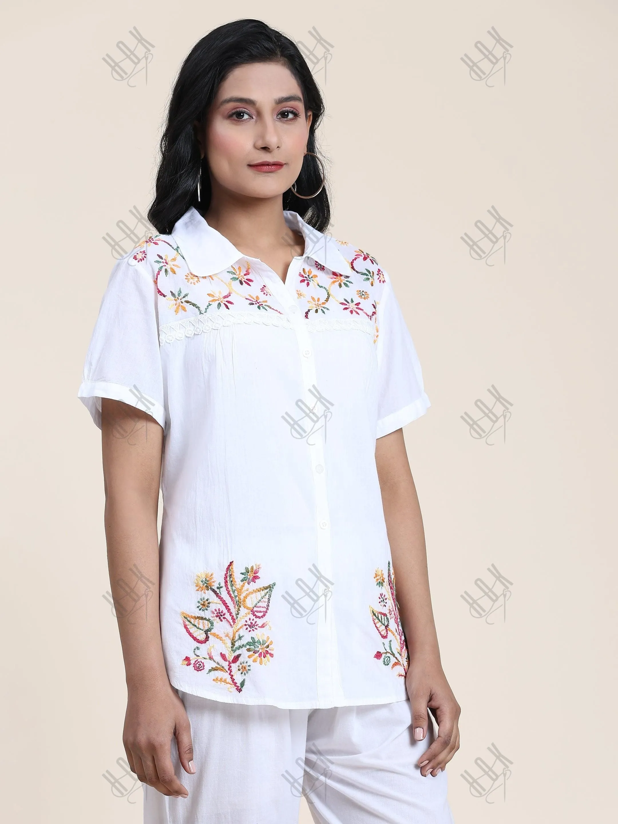 Hand embroidery Chikankari tunic-White With Multi