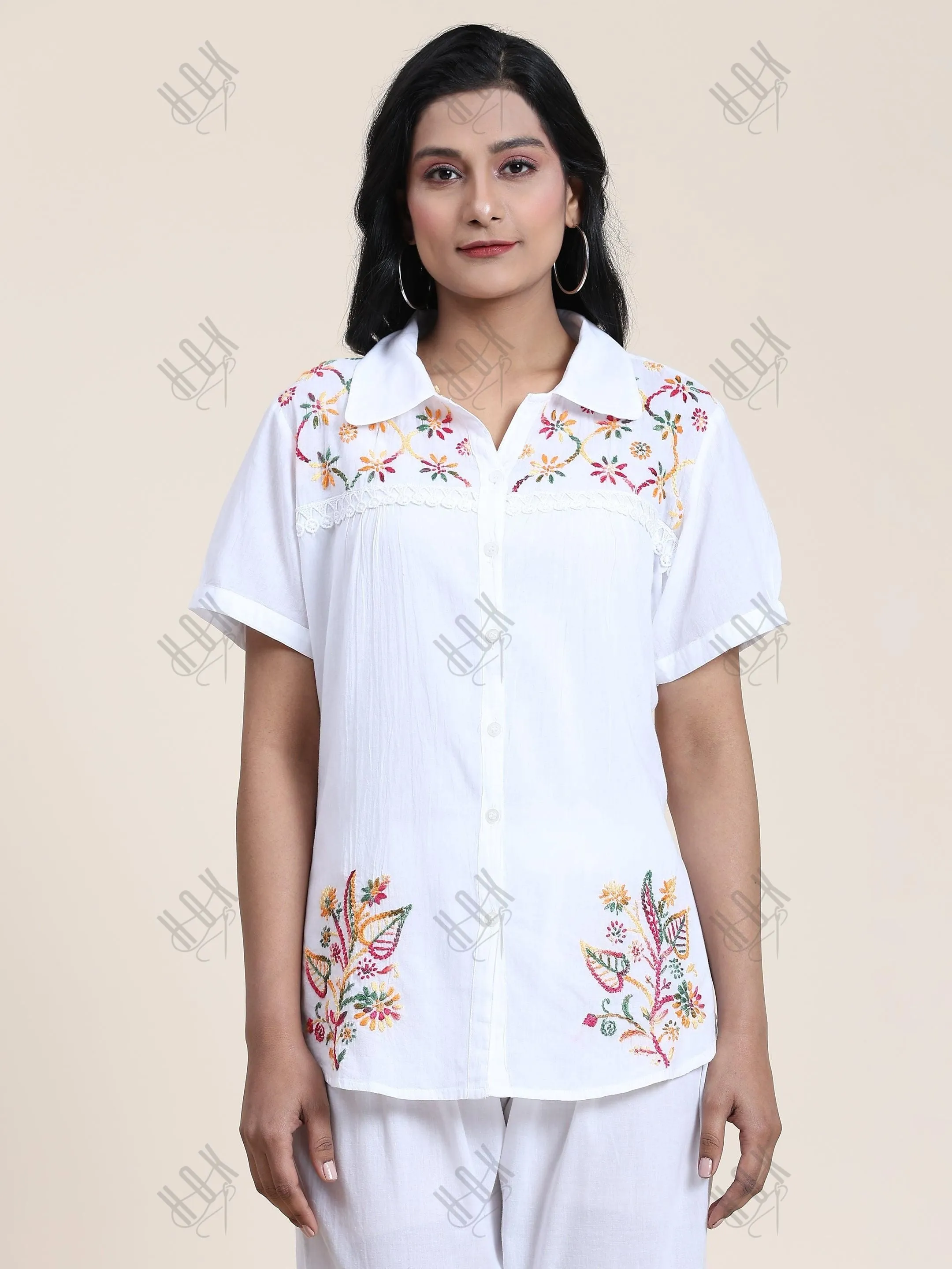 Hand embroidery Chikankari tunic-White With Multi