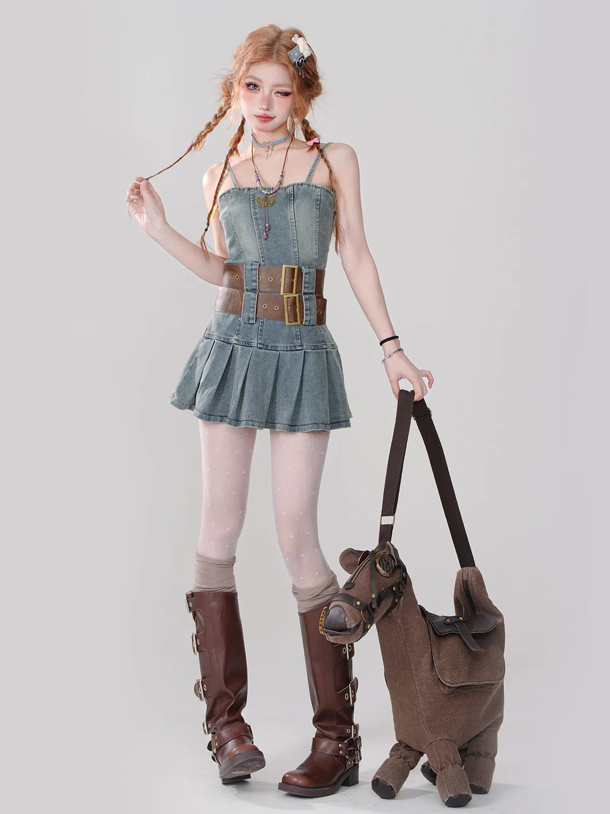 Hot Retro Denim Pleated Style Dress Girl Suspender