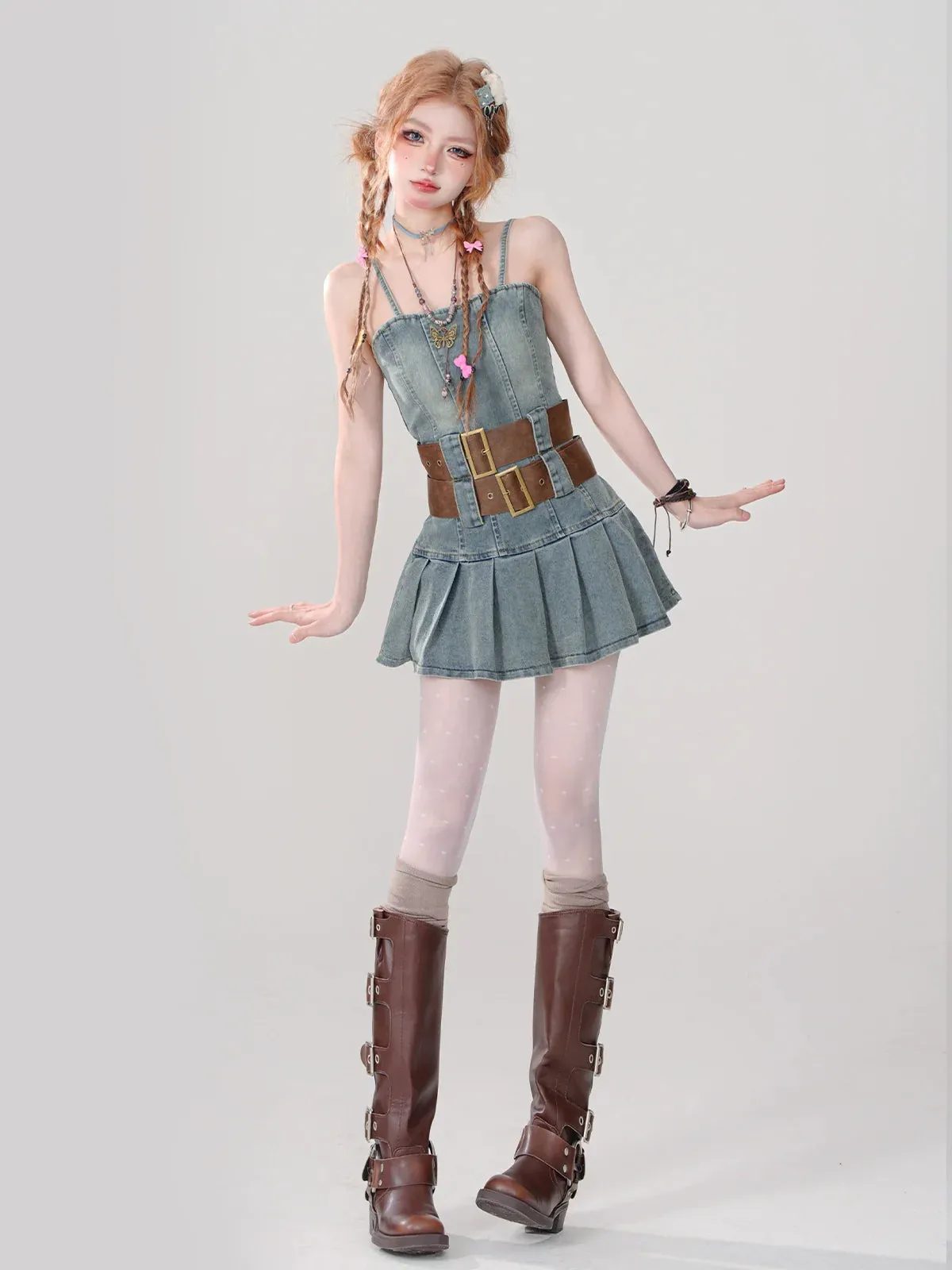 Hot Retro Denim Pleated Style Dress Girl Suspender