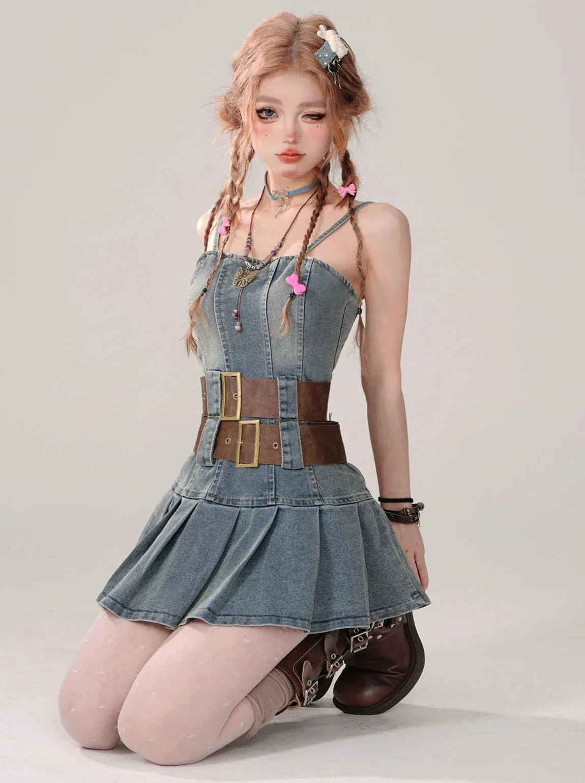 Hot Retro Denim Pleated Style Dress Girl Suspender