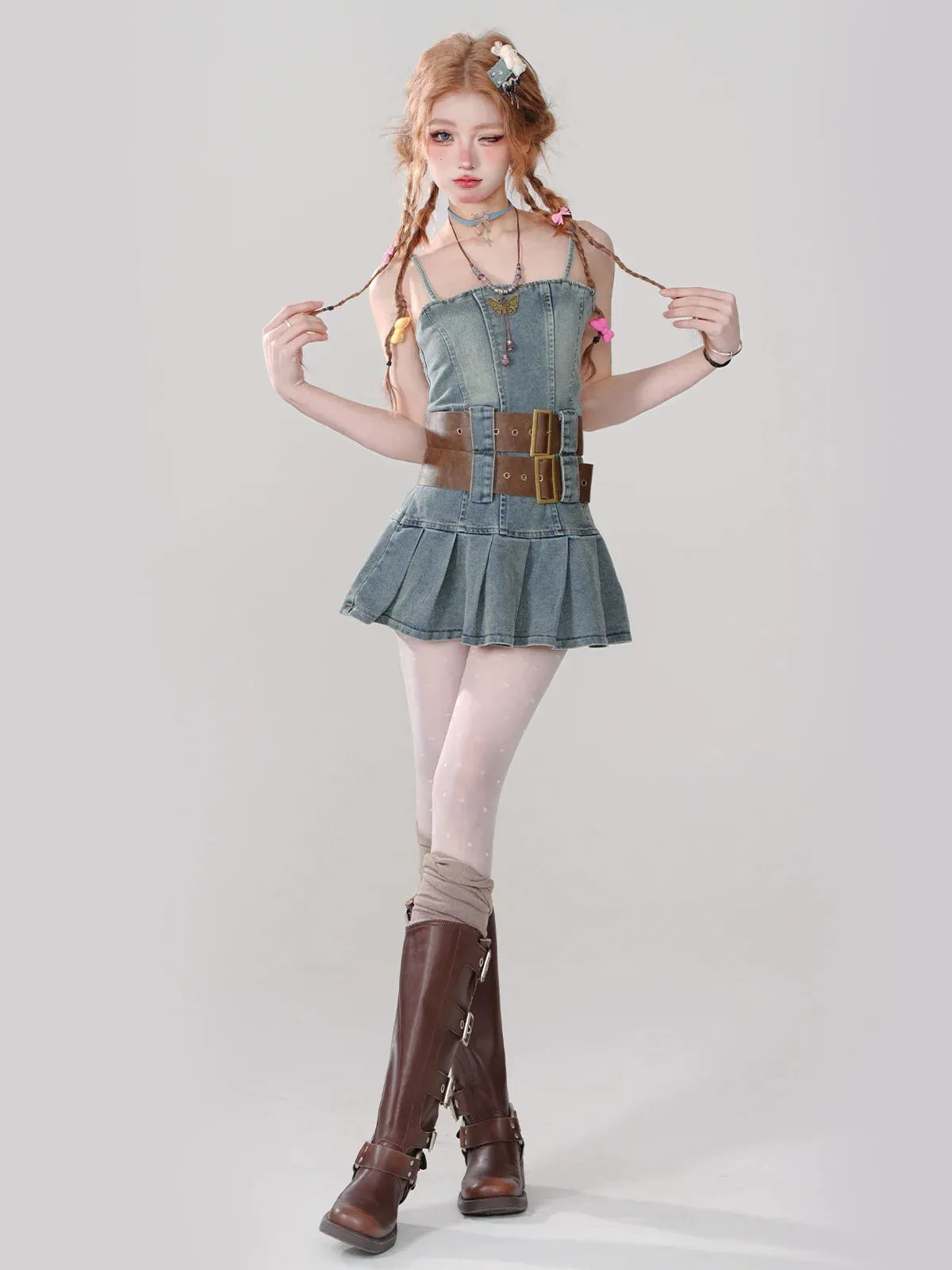 Hot Retro Denim Pleated Style Dress Girl Suspender