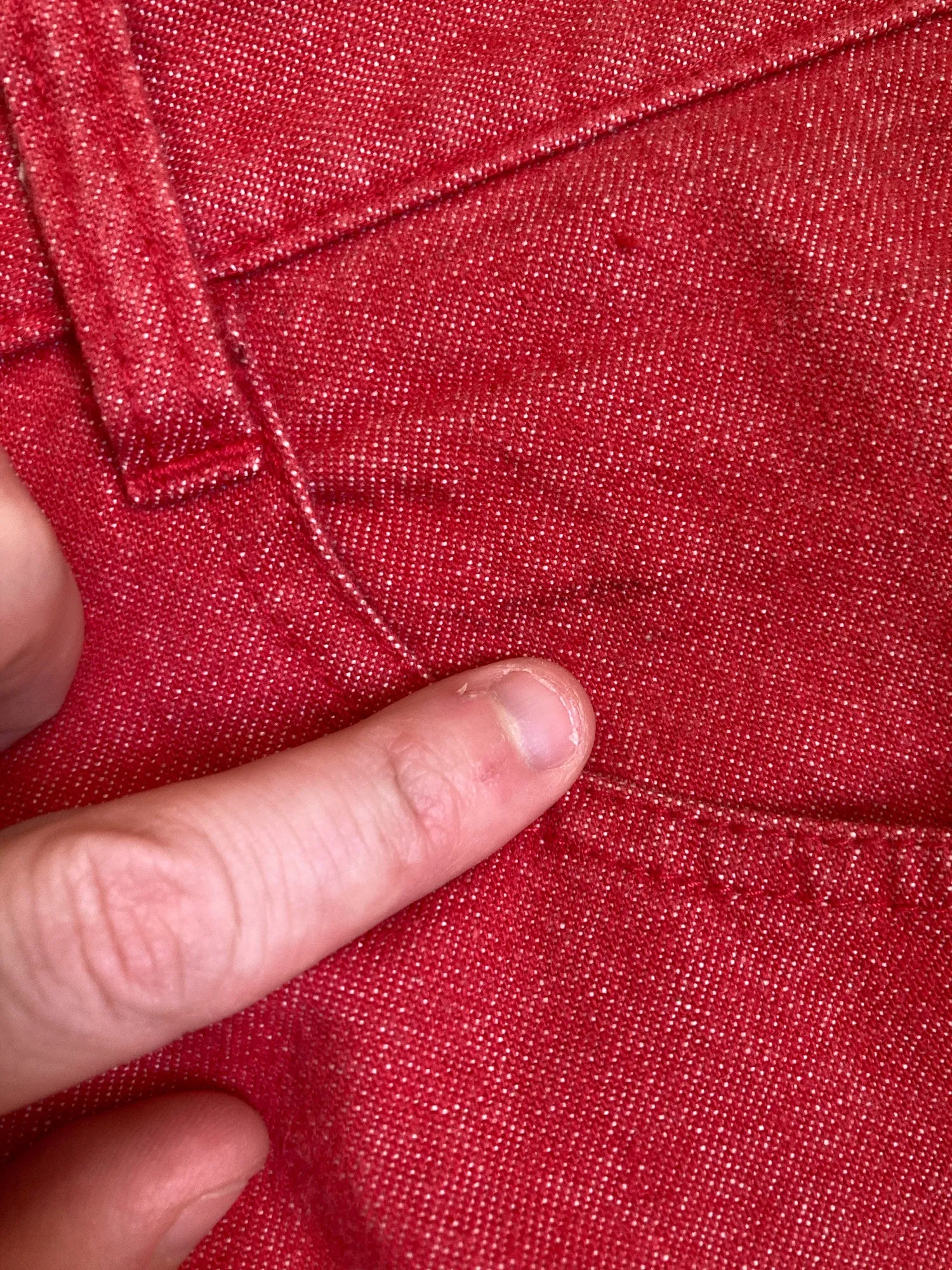 Keita Maruyama Homme red cotton denim knee tuck jeans - size M